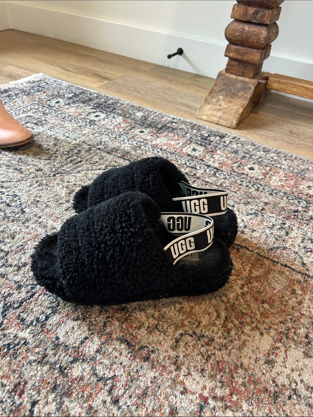 UGG Black Faux-Shearling Logo Strap Slide Slippers